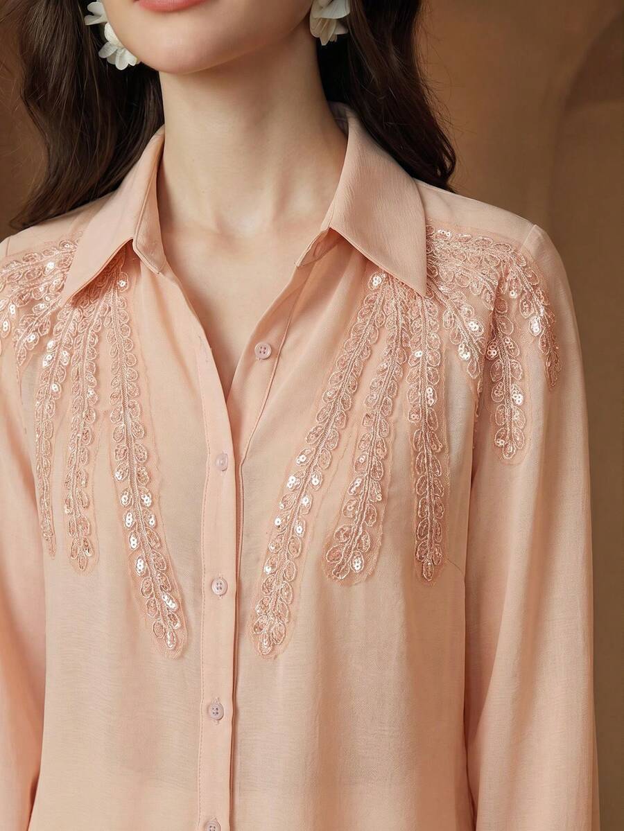 Anewsta New Elegant Heavy Embellished Studded Lace Trim Design Lapel Loose Fit Commuter Women's Blouse - Pink - View 1