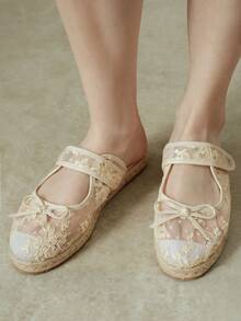 Styleloop 春夏杏色蕾絲網布蝴蝶結麻繩底女款穆勒拖鞋 時尚透氣編織平底涼鞋 適合海灘度假戶外 - 杏色 - 查看 12