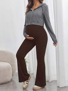 SHEIN Maternity Solid Color Adjustable Waist Casual Versatile Daily Wear Long Pants - Coffee Brown - View 6