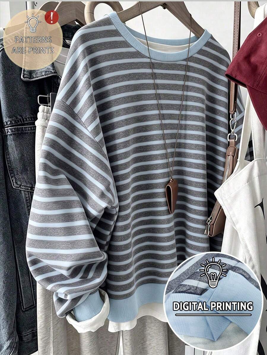 女童經典復古條紋數位印花圓領休閒運動衫,秋季新款灰藍條紋拼接寬鬆保暖內裡衛衣,百搭簡約日常穿搭 - 彩色 - 查看 1