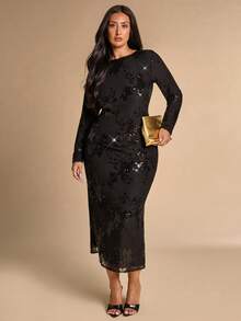 SHEIN BAE CURVE 大尺碼女款黑色網紗亮片長袖洋裝 秋季 - 黑色 - 查看 4