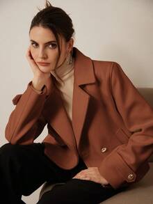 Aveloria Modichic Casual Solid Color Double-Breasted Cropped Jacket, Autumn/Winter  - Brown - View 1