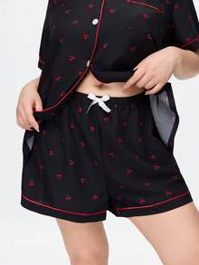Bonmuse 2件組女款大尺碼舒適櫻桃印花短袖領口上衣與短褲睡衣套裝，春夏款 - 黑色 - 查看 9