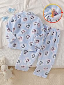 HELLO KITTY AND FRIENDS | SHEIN 聯名款少女秋冬新款可愛印花舒適保暖柔軟雙面法蘭絨開襟翻領長袖褲子2件式居家服套裝1套 - 藍色 - 查看 2