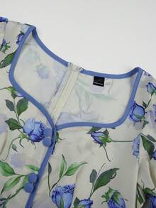 Modelyn 女士蓝色水彩印花A字腰带短袖优雅浪漫连衣裙，春夏款 - 彩色 - 查看 14