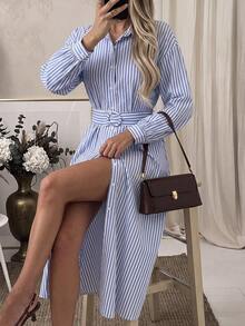Serisse Women's Striped Long Sleeve Single-Breasted Casual Shirt Midi Dress - Blue and White - View 6