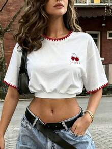 Rovax Loose Fit Cropped Round Neck Drop Shoulder Short Sleeve Top - Multicolor - View 3
