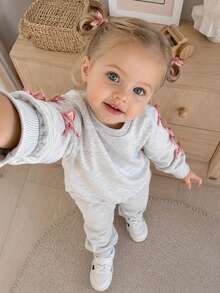 SHEIN Playful Pals 2pcs Baby Girl Cute Y2K Pink Bow Knot Long Sleeve Soft Thick Hoodies Sweatpants 2 Pieces Sets Clothes Back To School Fall Squishy Tops - Light Grey - View 11