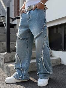 Manfinity EMRG Men's Street Casual Design Frayed Patchwork Vintage Washed Wide Leg Pants - Light Wash - View 4