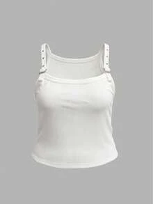 Maweii Plus Size Solid White Ribbed Square Neck Adjustable Buckle Eyelet Strap Slim Crop Cami Tank Top Women 90s Vintage Sleeveless Clubwear Top - Dark Grey - View 5