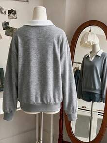 INAWLY 女款韓式百搭刺繡拼色長袖運動衫，學院風 - 淺灰色 - 查看 2