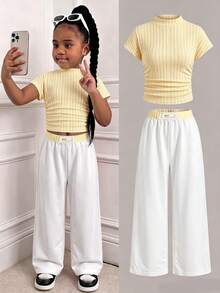  2pcs/Set Gray Knit Outfit, Ruched High Neck Fitted Top Paired With Wide Leg Pants, - Multicolor - View 1