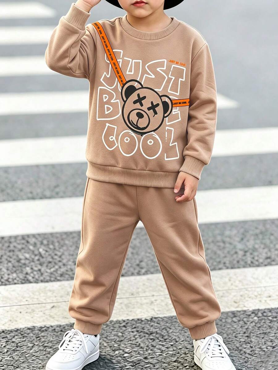 Young Boy Letter Cartoon Bear Print Casual Long Sleeve Crew Neck Sweatshirt - White - View 1
