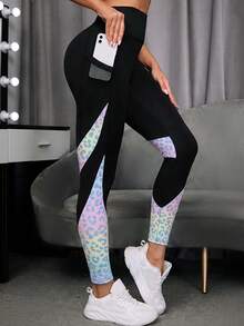 SHEIN Sports Leopard Print Patchwork High Waist Sports Leggings (With Pockets) - Multicolor - View 5