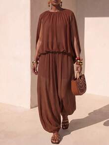Zivah New Summer Vacation Red-Brown Chiffon Loose-Fitting Pleated Batwing Slit Sleeve Top + Jogger Lantern - Rust Brown - View 4
