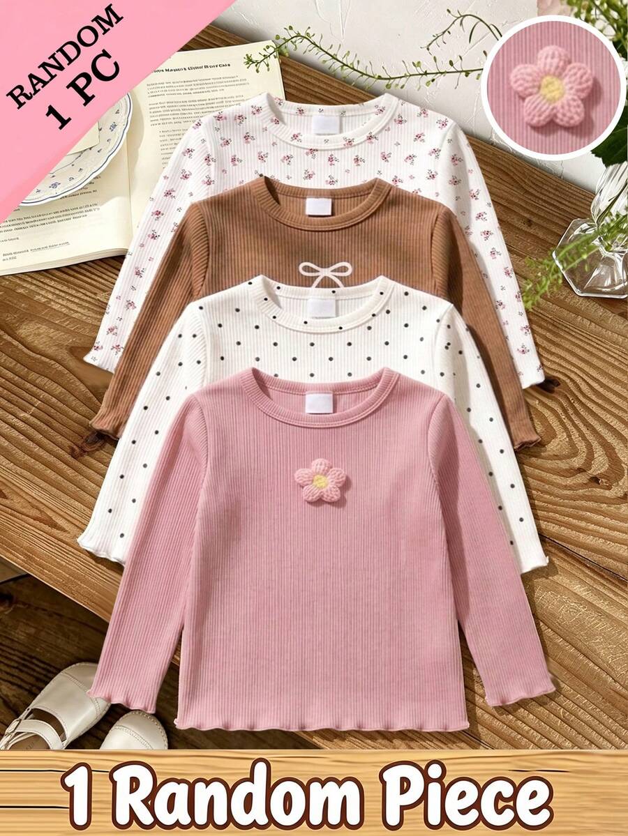 SHEIN 1 Buah Atasan Lengan Panjang Leher Bulat Anak Perempuan (Acak), Aplikasi Bunga 3D, Tersedia dalam Motif Bunga 3D Merah Muda, Polka Dot, Cokelat, dan Pita, Hem Berumbai Vertikal Bertekstur, Potongan Ramping, Cocok untuk Jalan-jalan, Pakaian Sehari-hari, Musim Semi, Musim Gugur, Musim Dingin - Aprikot - View 1
