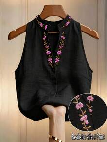 EMERY ROSE 女款花卉刺繡立領無袖上衣，刺繡上衣，女款夏季穿搭，優雅襯衫，通勤上班穿搭 - 黑色 - 查看 1