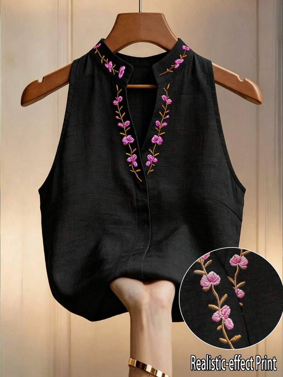 EMERY ROSE 女款花卉刺繡立領無袖上衣，刺繡上衣，女款夏季穿搭，優雅襯衫，通勤上班穿搭 - 黑色 - 查看 1