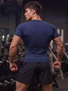 GymBeat 男士彈性時尚標誌運動T恤，節日禮物，健身房 - 藏蓝色 - 查看 2