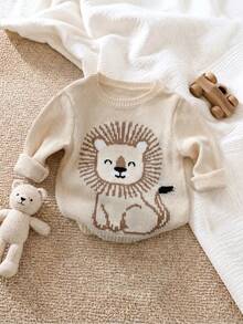 Newborn Baby Cute Lion Pattern Drop Shoulder Long Sleeve Pullover Suitable For Spring And Autumn - Apricot - View 1