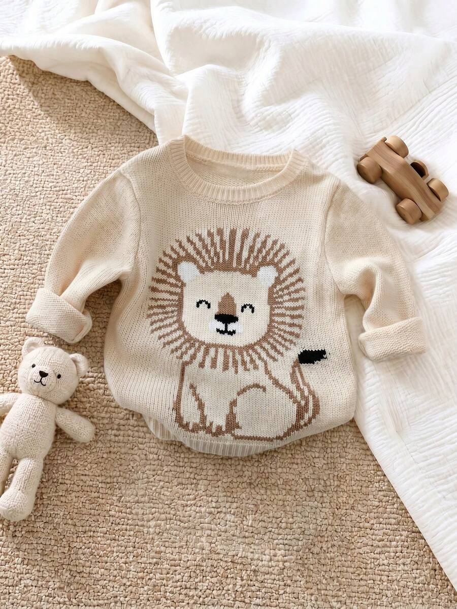 Newborn Baby Cute Lion Pattern Drop Shoulder Long Sleeve Pullover Suitable For Spring And Autumn - Apricot - View 1