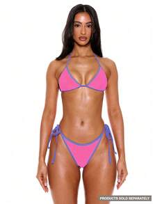 Musera Resort Halterneck Contrast Trim Triangle Bikini Top Only Summer Spring Holiday Vacation Sexy Ibiza Beachwear Techno - Pink - View 1