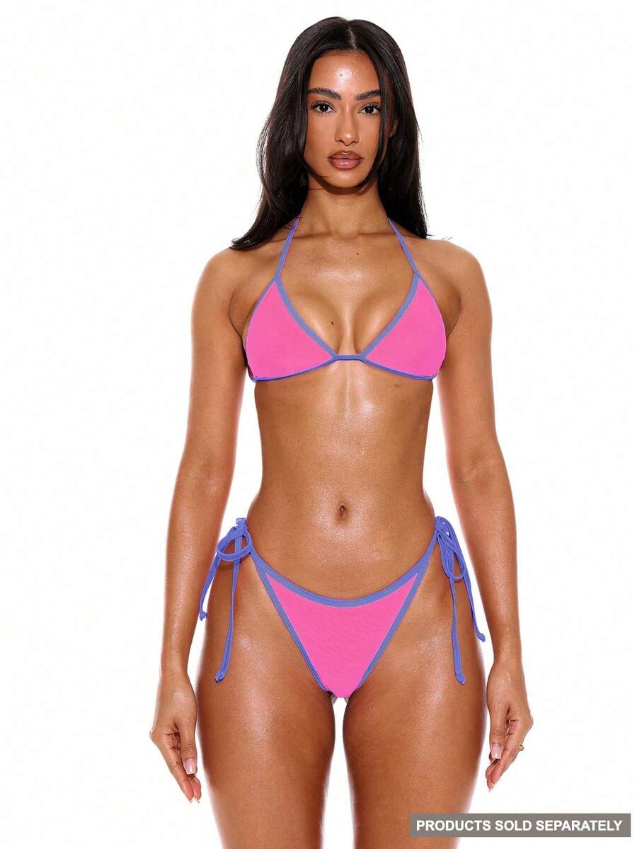 Musera Resort Halterneck Contrast Trim Triangle Bikini Top Only Summer Spring Holiday Vacation Sexy Ibiza Beachwear Techno - Pink - View 1