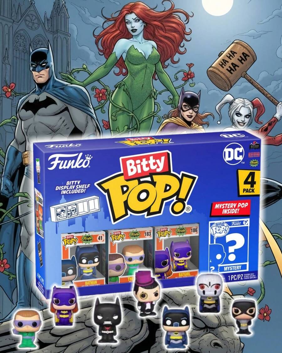 Funko Bitty Pop Batman Retro Comic 4 Packs Mini Vinyl Figure Set, Batman The Riddler Batgirl With Mystery Character, Shelf Display Collectible Decor - Multicolor - View 1