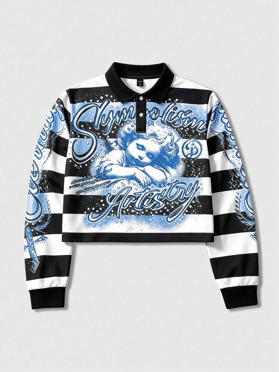 ROMWE MEN Street Life Men's Contrast Color Striped Angel Print Pullover Sweatshirt - Multicolor - View 1