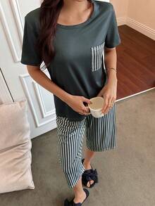SHEIN Women's Casual Leopard Print Pocket Round Neck Short Sleeve Capri Pants 2 Pieces Pajama Set - Multicolor - View 6