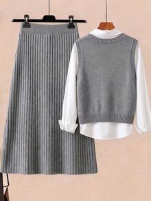 GlowEve CURVE Women's 3D Embroidered Knit Vest & Ribbed Slit Knit Midi Skirt Soft Commute Set - Grey - View 2