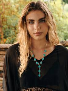 Nocturel 1pc Women's Retro Western Style Turquoise Inlaid Y-Shape Charm Necklace, Suitable For Beach, Holiday, Party, Clavicle Necklace - Multicolor - View 4