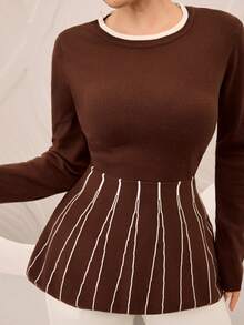 Graceveil Sweater Fashion Wanita Lengan Panjang Bergaris dengan Kerah Bulat dan Hiasan Ruffle di Bagian Bawah - MultiWarna - View 1