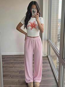 青少年女孩春夏季新款時尚休閒簡約白色印花T恤 + 粉色與白色條紋長褲針織兩件套，休閒日常百搭，室內、室外、學校、度假 - 彩色 - 查看 1