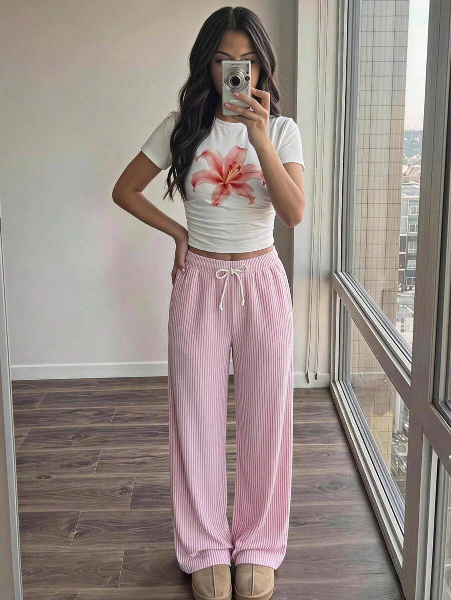 青少年女孩春夏季新款時尚休閒簡約白色印花T恤 + 粉色與白色條紋長褲針織兩件套,休閒日常百搭,室內、室外、學校、度假 - 彩色 - 查看 1