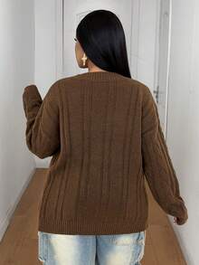 Maweii Plus Size Women's Cable Knit Textured Casual Vintage Fashion Sweater - Coffee Brown - View 2