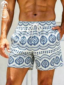 Manfinity Swimmode 男士幾何印花抽繩腰休閒沙灘短褲，夏季波希米亞度假夏威夷熱帶泳褲，情侶約會穿搭 - 寶藍色 - 查看 3