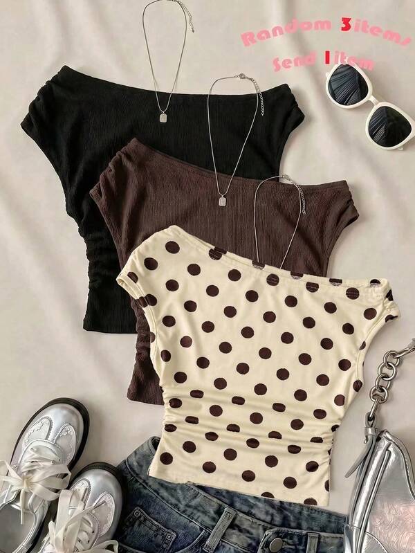 Teen Girls White Casual Minimalist Fitted Asymmetrical Shoulder Ruched Cropped Top, Suitable For Spring/Summer, Unique Outfit, Daily Wear