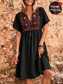 SHEIN LUNE CURVE 春夏度假休閒通勤優雅大尺碼仿刺繡印花洋裝 - 黑色 - 查看 5