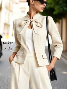 SHEIN Women's Spring/Autumn Fashion Minimalist Elegant Solid Color Tie-Up Mid-Sleeve Faux Pocket Jacket, Long Sleeve Jacket, Minimalist Jacket, Commuter Jacket, Suitable For Daily Commute Wear, Fashionable And Elegant - Khaki - View 4