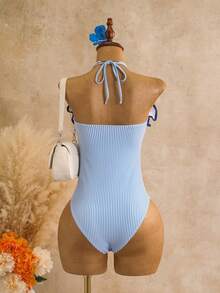 Sunnyshic Spring/Summer New Women's One-Piece Ruffle Beach Vacation Swimsuit - Blue - View 2