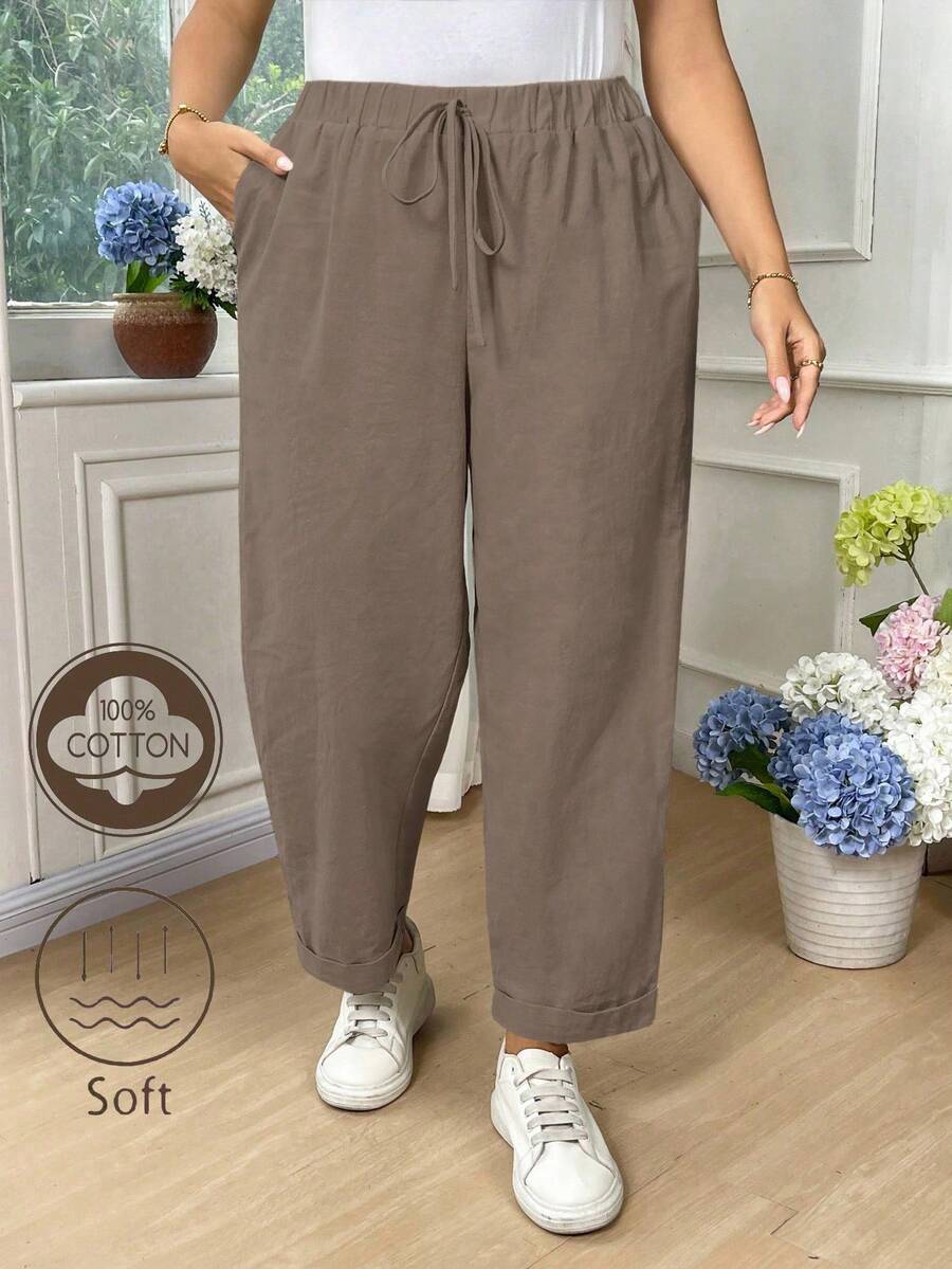 SHEIN EMERY ROSE CURVE Plus Size Women Cotton Fold Over Hem Solid Color Pockets Casual Pants Fall - Brown - View 1