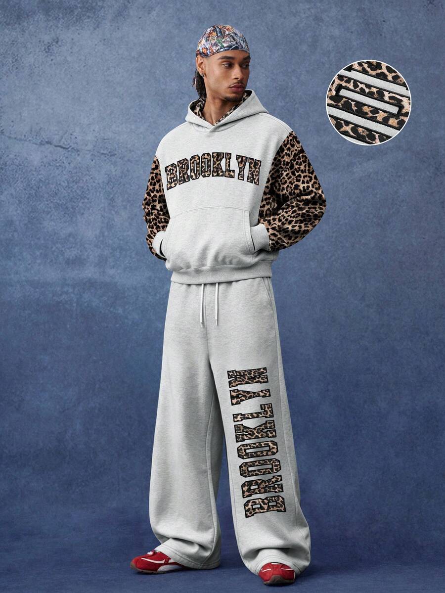PAVTROS Men's Leopard Print Embroidered Hoodie And Drawstring Waist Pocket Pants Set - Multicolor - View 1