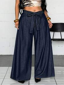 Jeanoix Calça Denim Perna Larga Casual Tradicional Lavada com Cinto Plus Size Azul Marinho Formal Brunch Verão - Lavagem escura - Visão 1