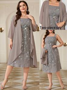 Reflora Set Gaun dan Selendang Bordir Payet Rhinestone Elegan untuk Wanita Ukuran Plus Musim Gugur - Grey - View 10