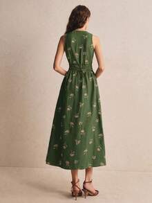 Poéselle 女款度假休閒鄉村風復古花卉刺繡前開鈕扣無袖中長洋裝 深綠色 夏季 - 軍綠色 - 查看 2