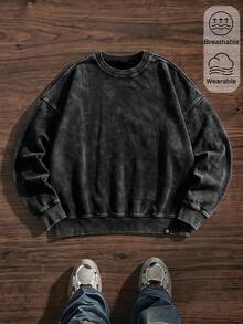 SWAVVY 男士春秋休閒寬鬆版標準尺寸套頭運動衫，圓領，黑色，雪洗素色 - 黑色 - 查看 2