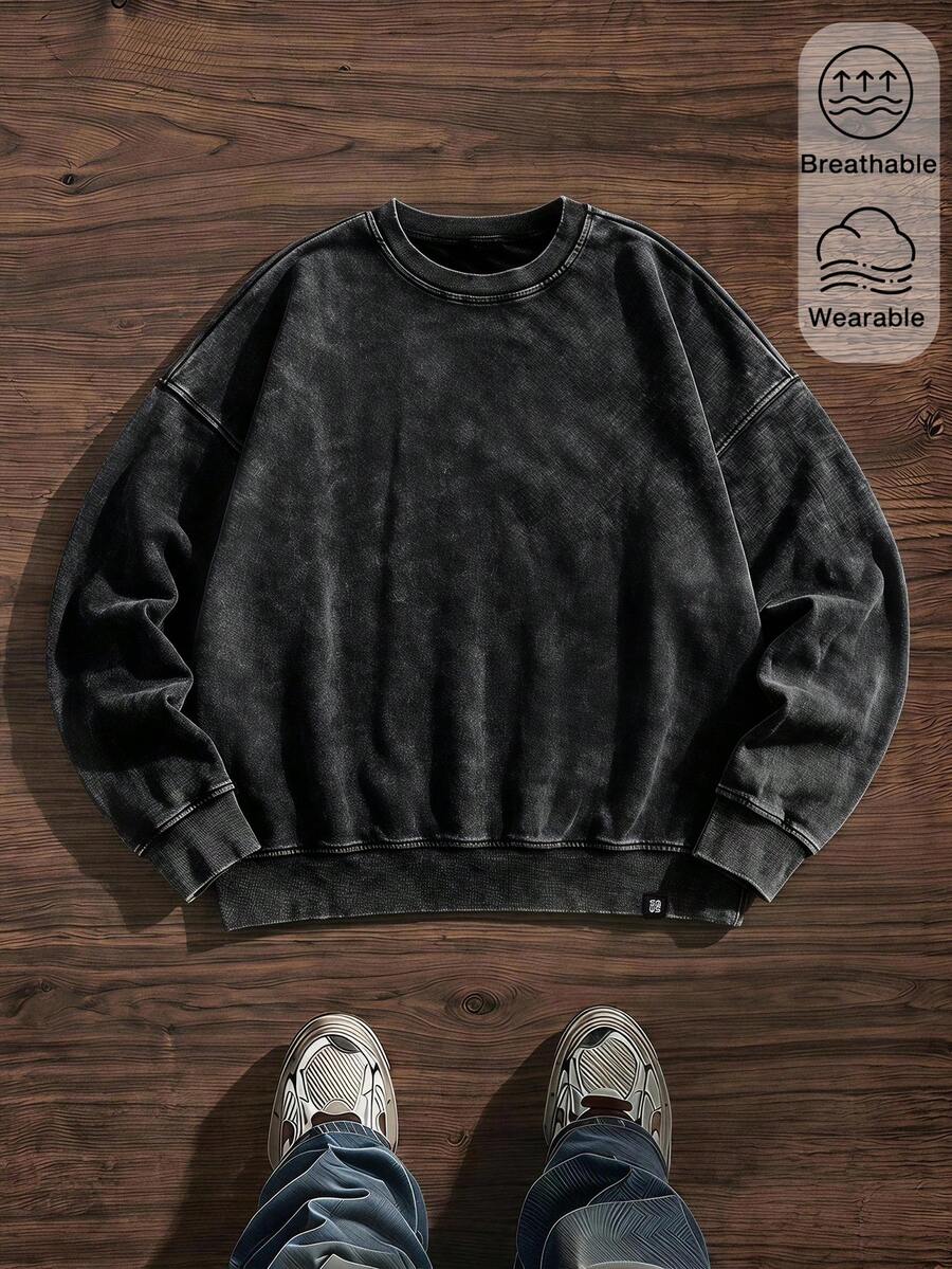 SWAVVY Men's Spring/Autumn Casual Loose Fit Standard Size Pullover Sweatshirt, Crew Neck, Black, Snow Wash Plain - Black - View 1