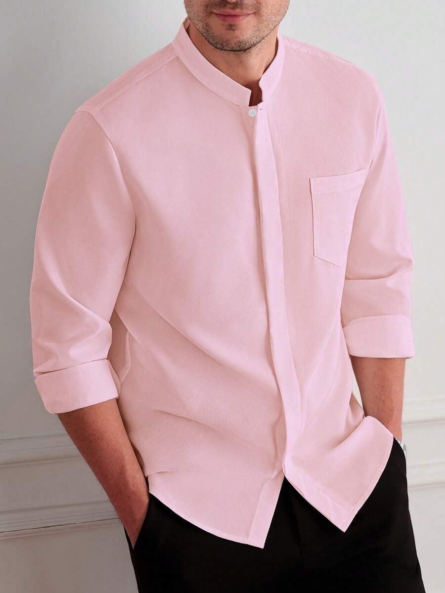 Core Aspect Men's Casual Versatile Solid Color Shirt - Baby Pink - View 1