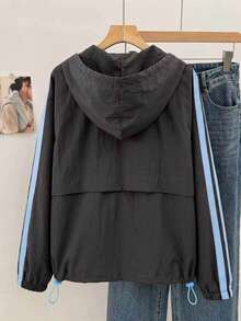SHEIN EZwear 大尺碼女款抽繩連帽拼色休閒百搭日常長袖夾克 - 咖啡棕 - 查看 3
